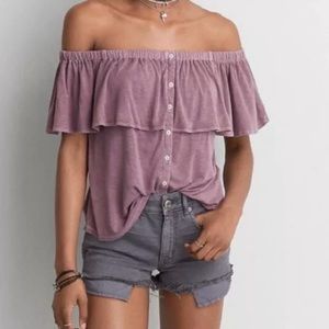 AEO American Eagle purple off the shoulder top womens small button front ruffle